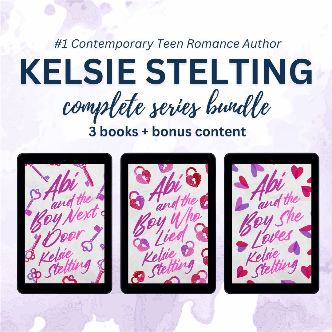 A promotional graphic for the Kelsie Stelting complete series bundle.

Header: Bold text identifies Kelsie Stelting as the "#1 Contemporary Teen Romance Author."

Content: Below the header, it reads "complete series bundle" in a navy blue script, followed by "3 books + bonus content."

Visuals: Three digital tablets are lined up horizontally, showing the covers for the full trilogy: Abi and the Boy Next Door, Abi and the Boy Who Lied, and Abi and the Boy She Loves.
