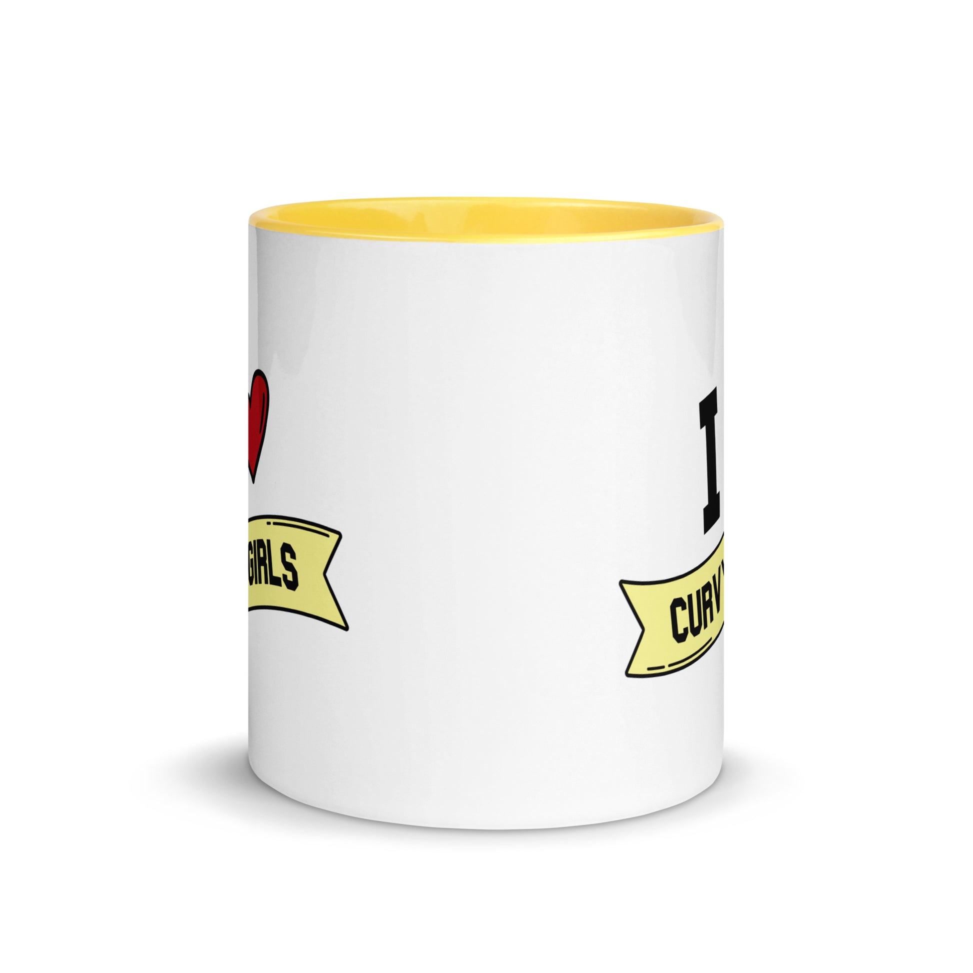 A white ceramic mug with a yellow interior. Shows the side of the "I Heart Curvy Girls" mug