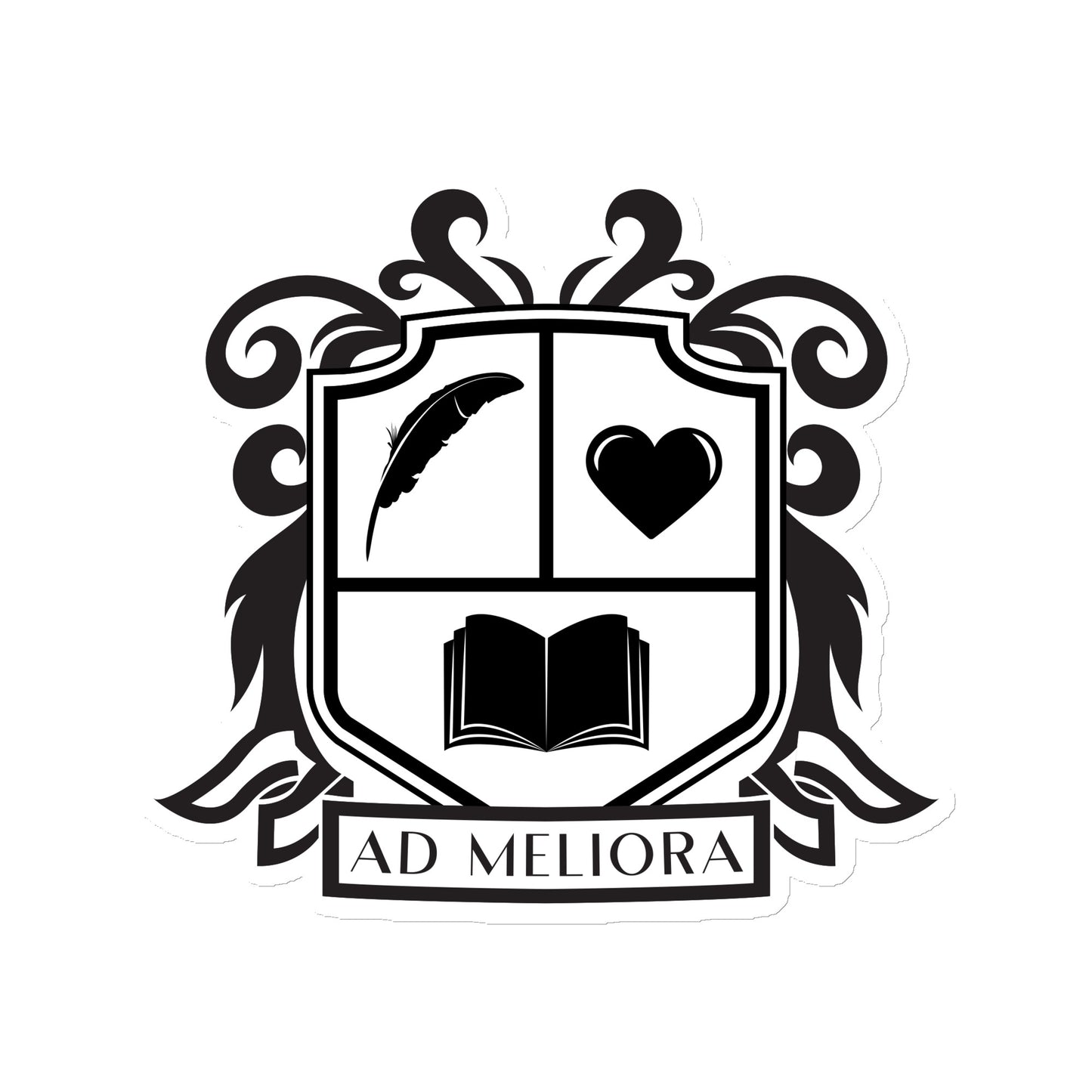 A coat of arms featuring an open book, a quill and a heart along with the words "Ad Meliora"