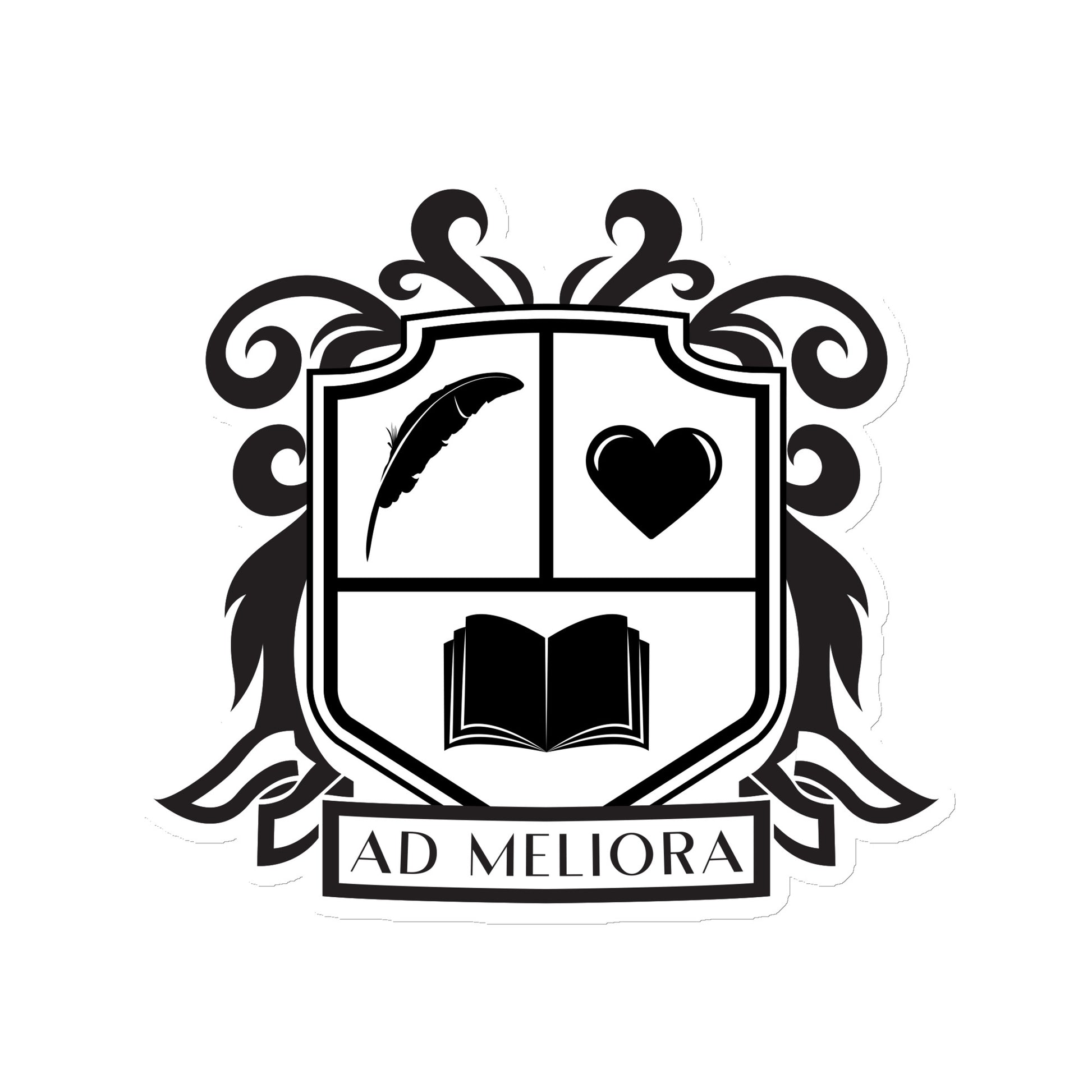 A coat of arms featuring an open book, a quill and a heart along with the words "Ad Meliora"