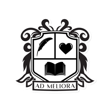 A coat of arms featuring an open book, a quill and a heart along with the words "Ad Meliora"
