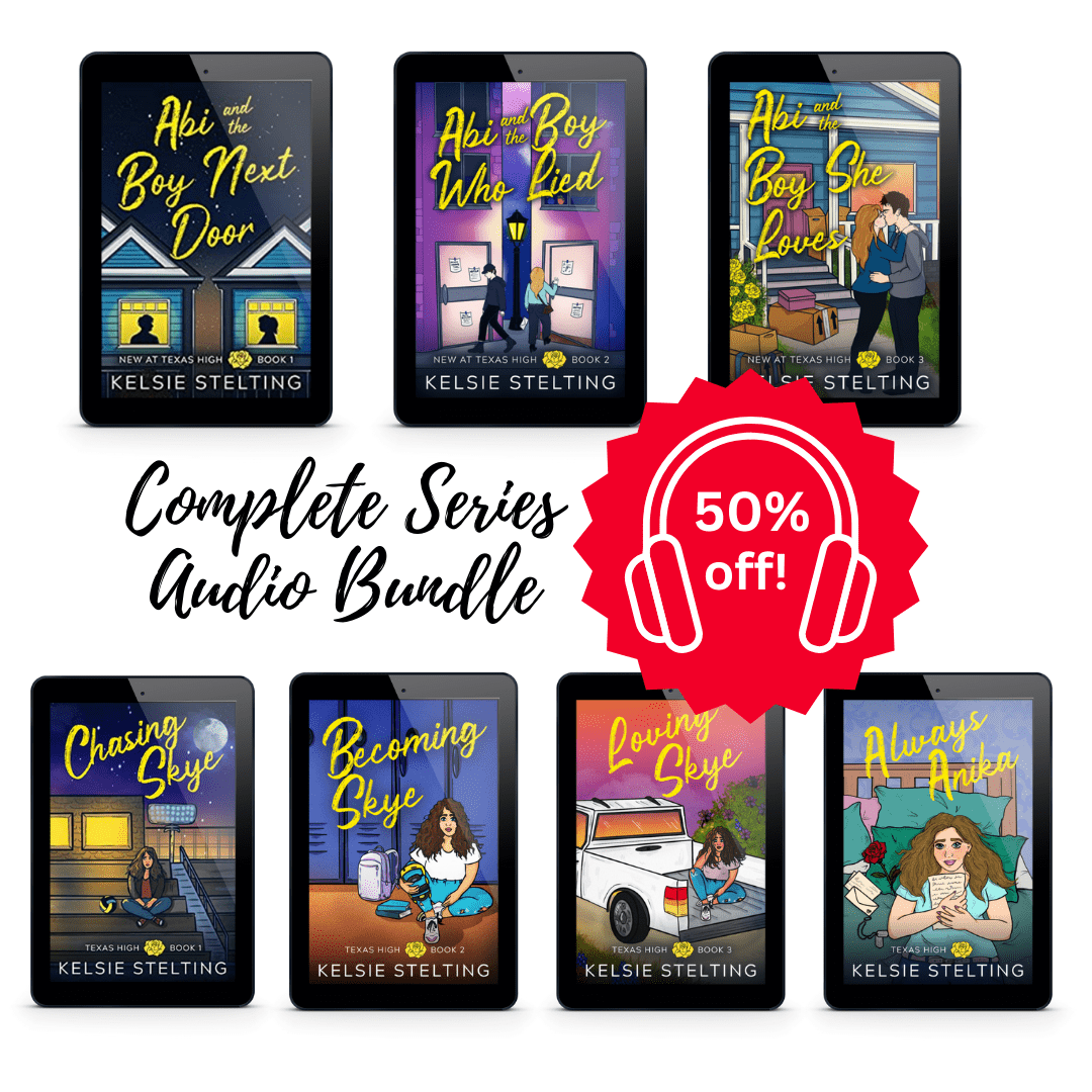 50% Off Complete Series Audio Bundle, including Abi and the Boy Next Door, Abi and the Boy who Lied, Abi and the Boy she Loved, Chasing Skye, Becoming Skye, Loving Skye and Always Anika.