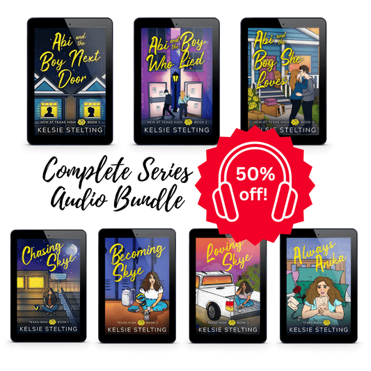 50% Off Complete Series Audio Bundle, including Abi and the Boy Next Door, Abi and the Boy who Lied, Abi and the Boy she Loved, Chasing Skye, Becoming Skye, Loving Skye and Always Anika.