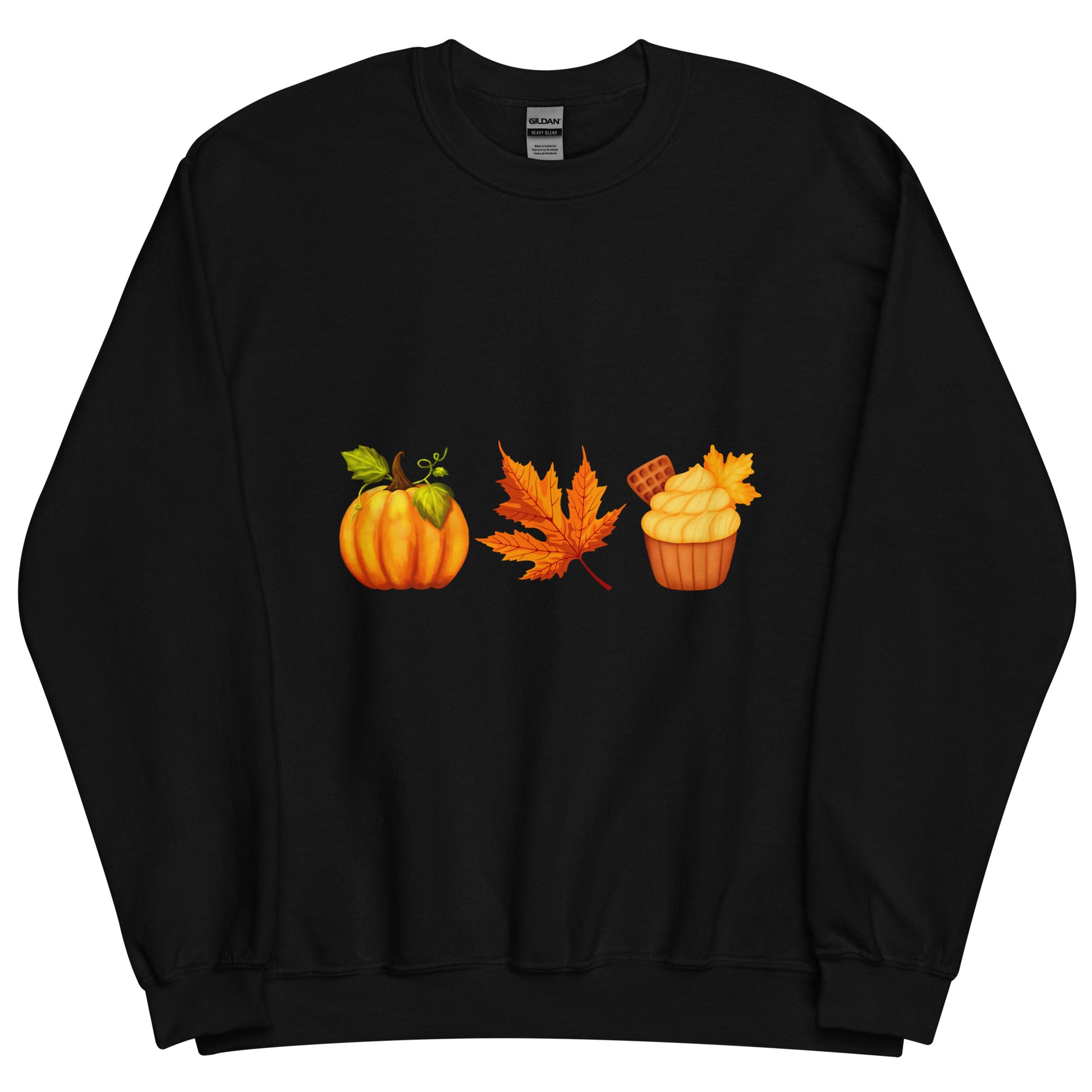a unisex black crewneck sweatshirt with a pumpkin, orange leaf and orange cupcake design