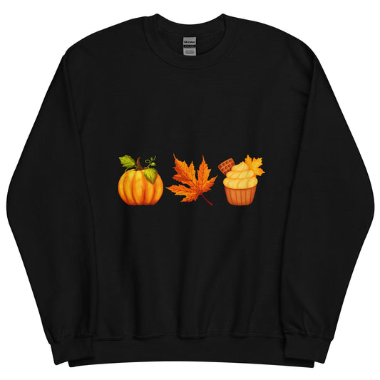 a unisex black crewneck sweatshirt with a pumpkin, orange leaf and orange cupcake design