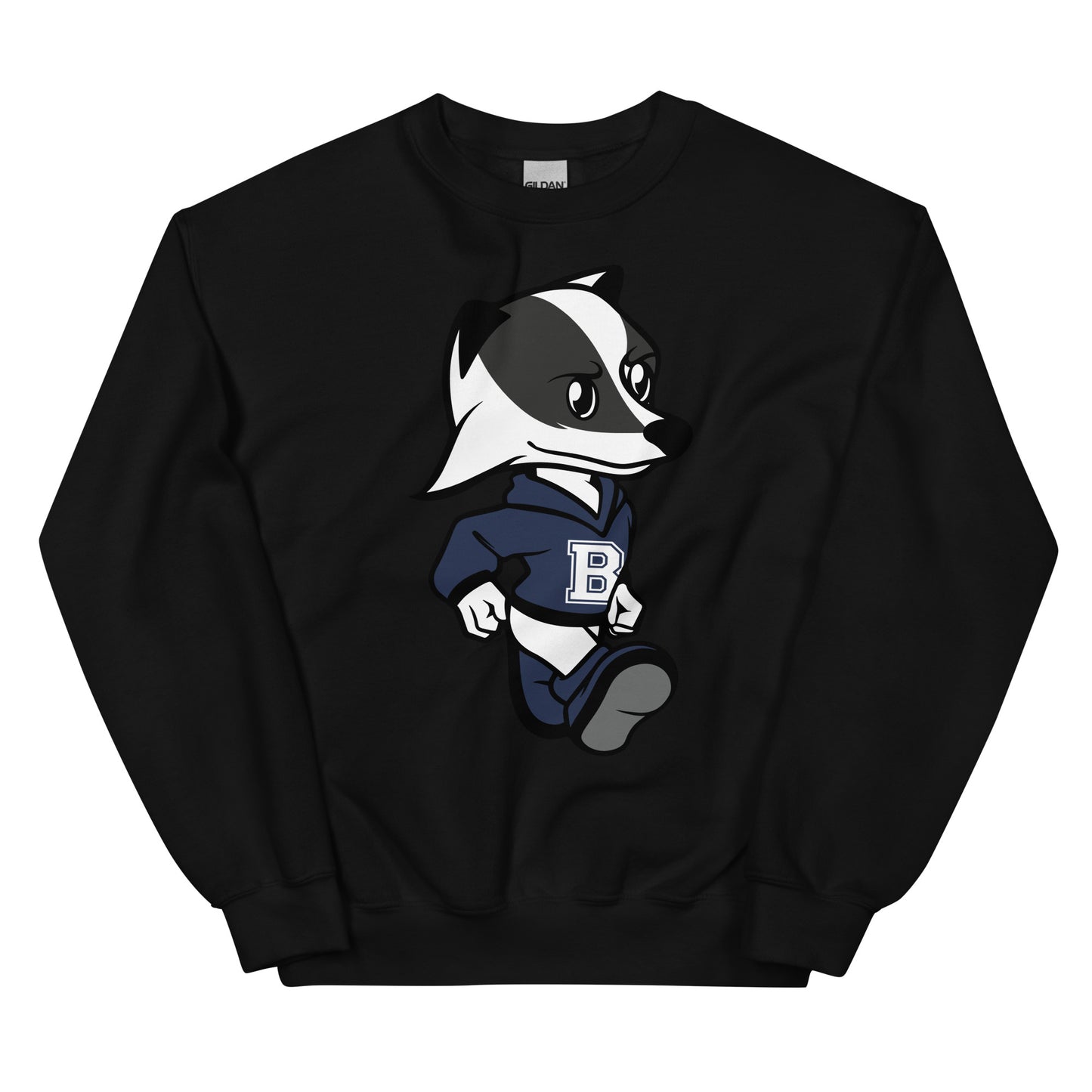 A black crew neck sweatshirt with the Brentwood Badgers Mascot