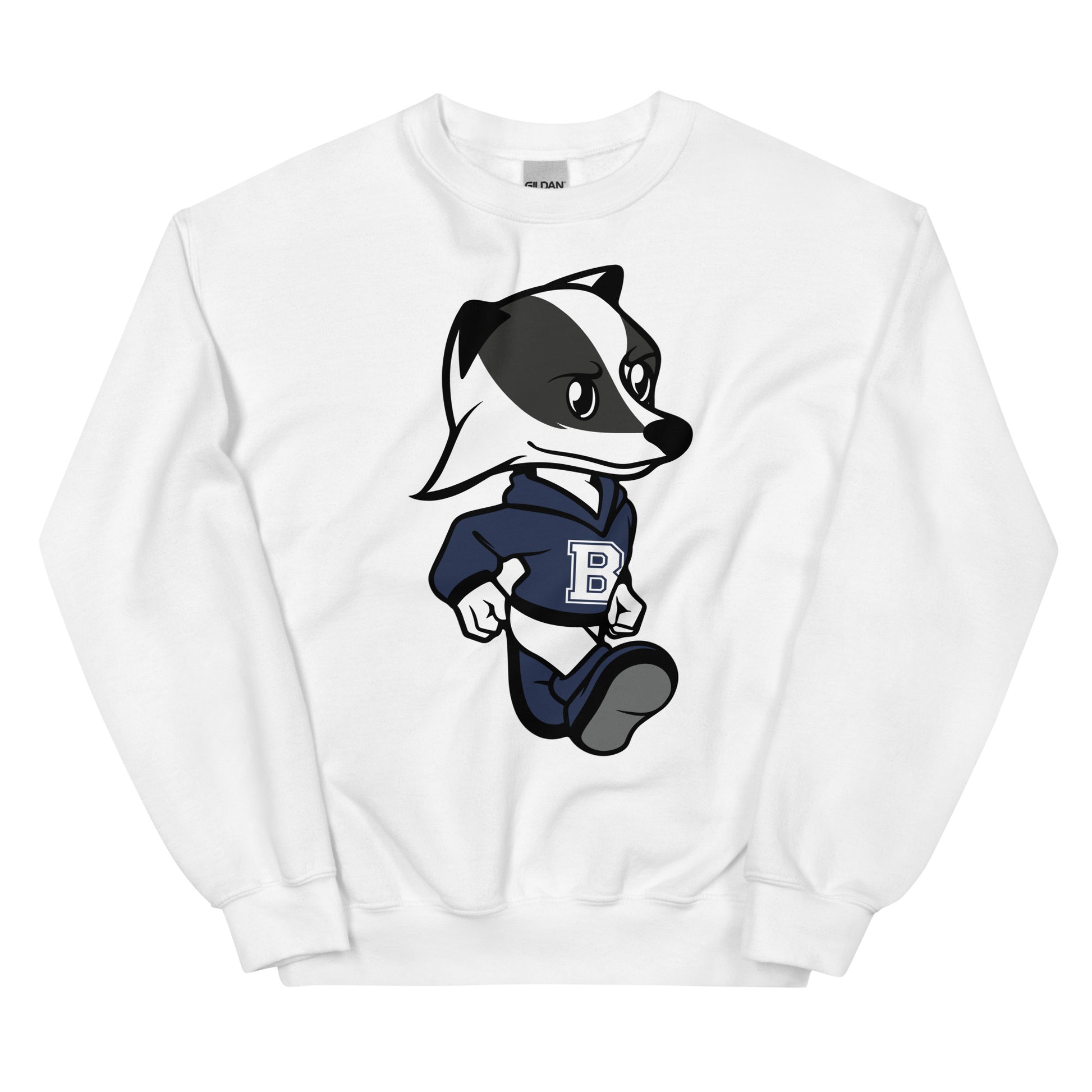A whitecrew neck sweatshirt with the Brentwood Badgers Mascot