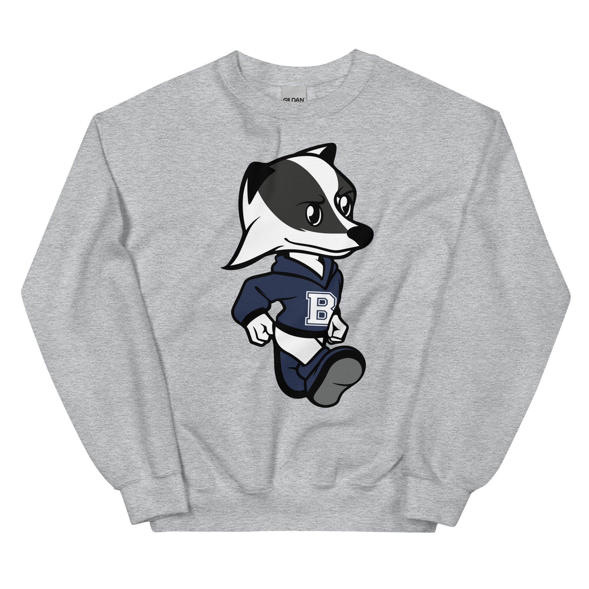 A grey crew neck sweatshirt with the Brentwood Badgers Mascot design