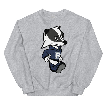 A grey crew neck sweatshirt with the Brentwood Badgers Mascot design
