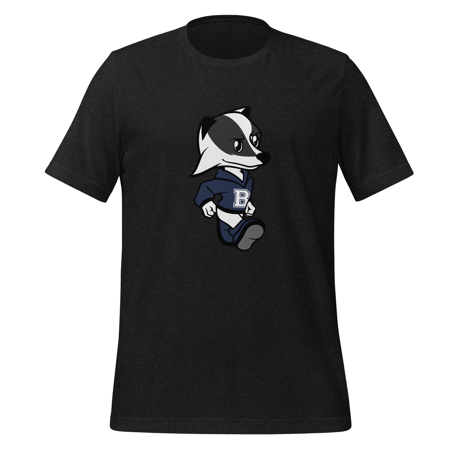 A black  heather t-shirt with the Brentwood Badgers Mascot
