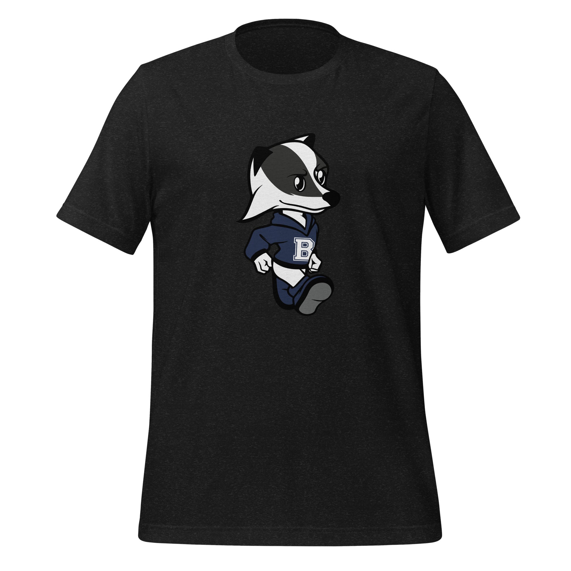 A black  heather t-shirt with the Brentwood Badgers Mascot