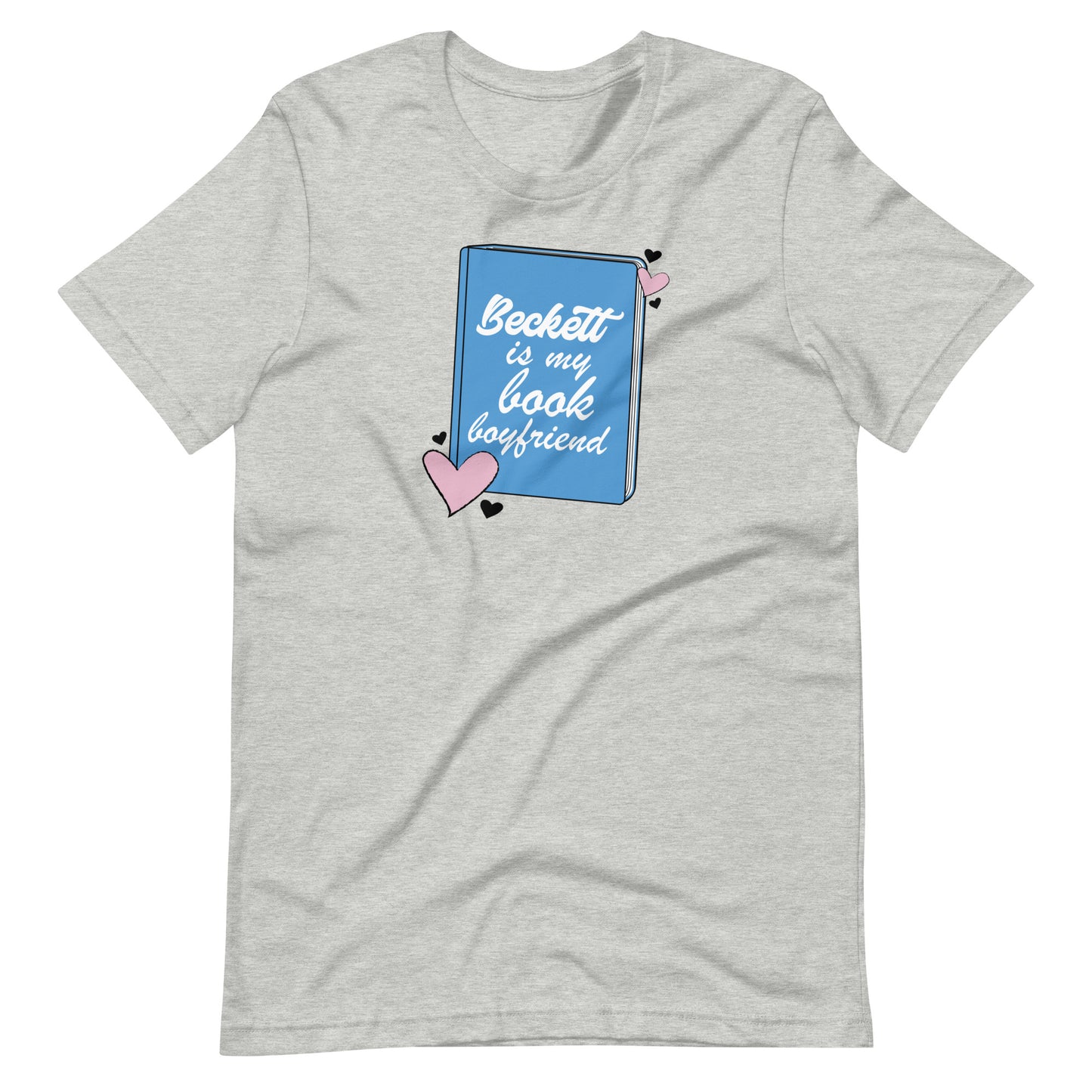 a heather t-shirt with the Beckett logo. The Beckett Logo is a blue book with the words Beckett is my book Boyfriend in cursive, with hearts around the book. 