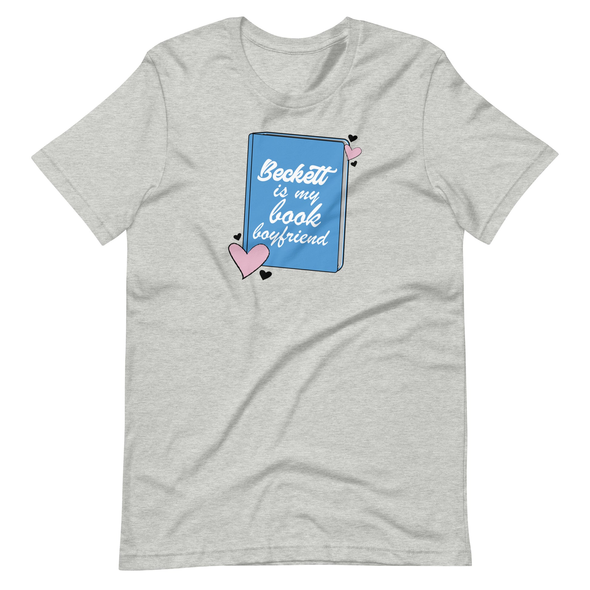 a heather t-shirt with the Beckett logo. The Beckett Logo is a blue book with the words Beckett is my book Boyfriend in cursive, with hearts around the book. 