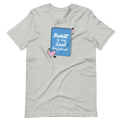 a heather t-shirt with the Beckett logo. The Beckett Logo is a blue book with the words Beckett is my book Boyfriend in cursive, with hearts around the book. 