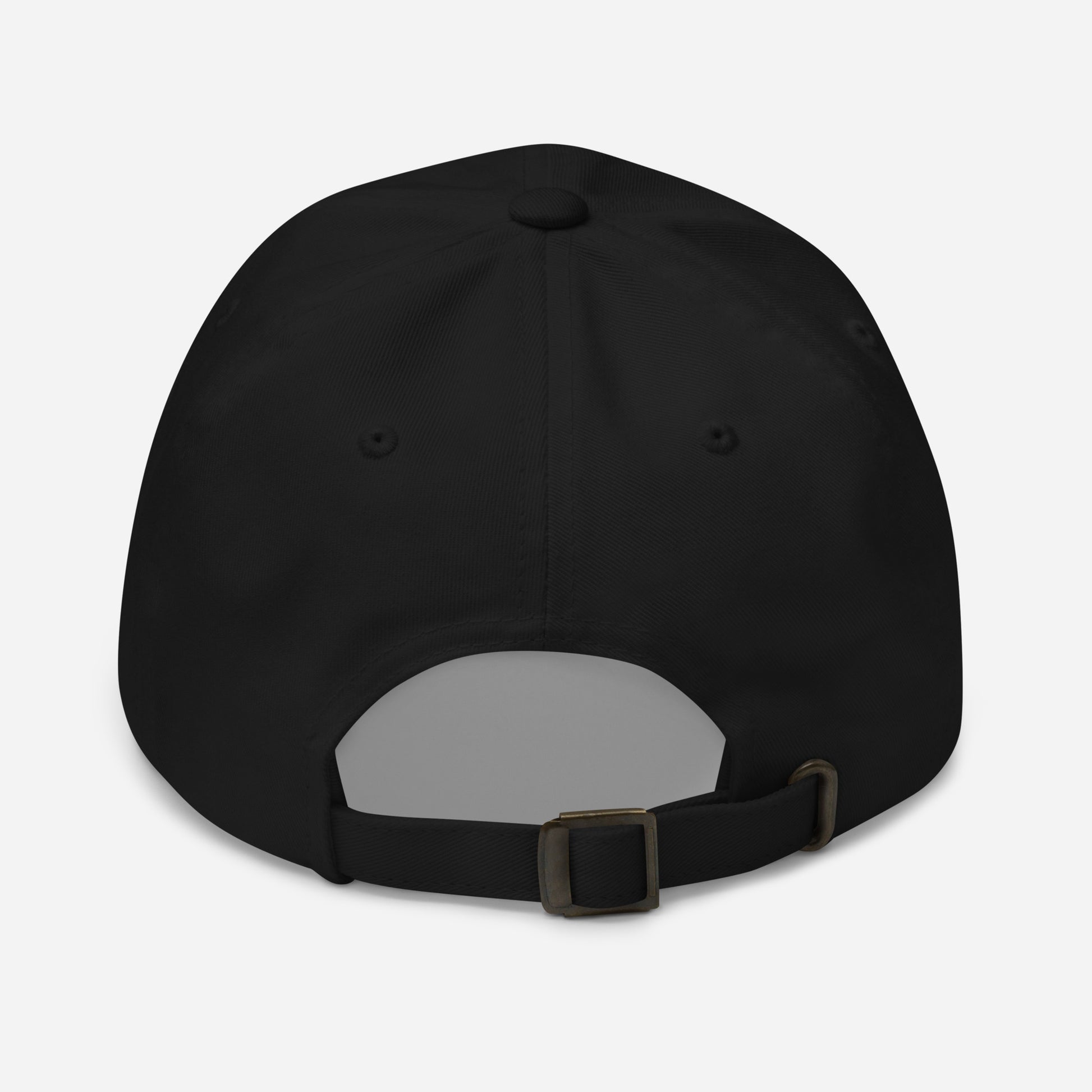 the plain back of a black cap