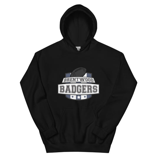 a black hoodie with the Brentwood Badgers Logo is a school crest prominently featuring a football and the words Brentwood Badgers in large block text.