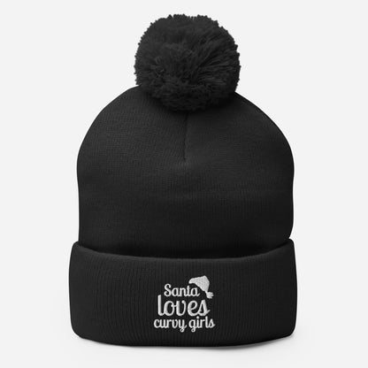 a black stocking hat with the Santa Loves Curvy Girls Logo, the words topped with a santa hat