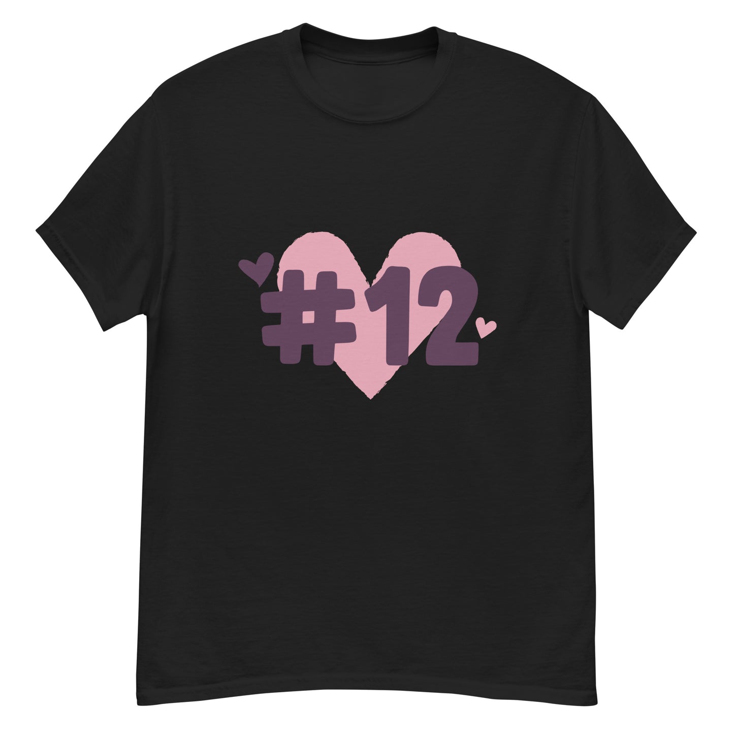 a black t-shirt with the I Heart #12 Logo. The Number 12 Logo is a large pink heart with #12 in black written over the heart.