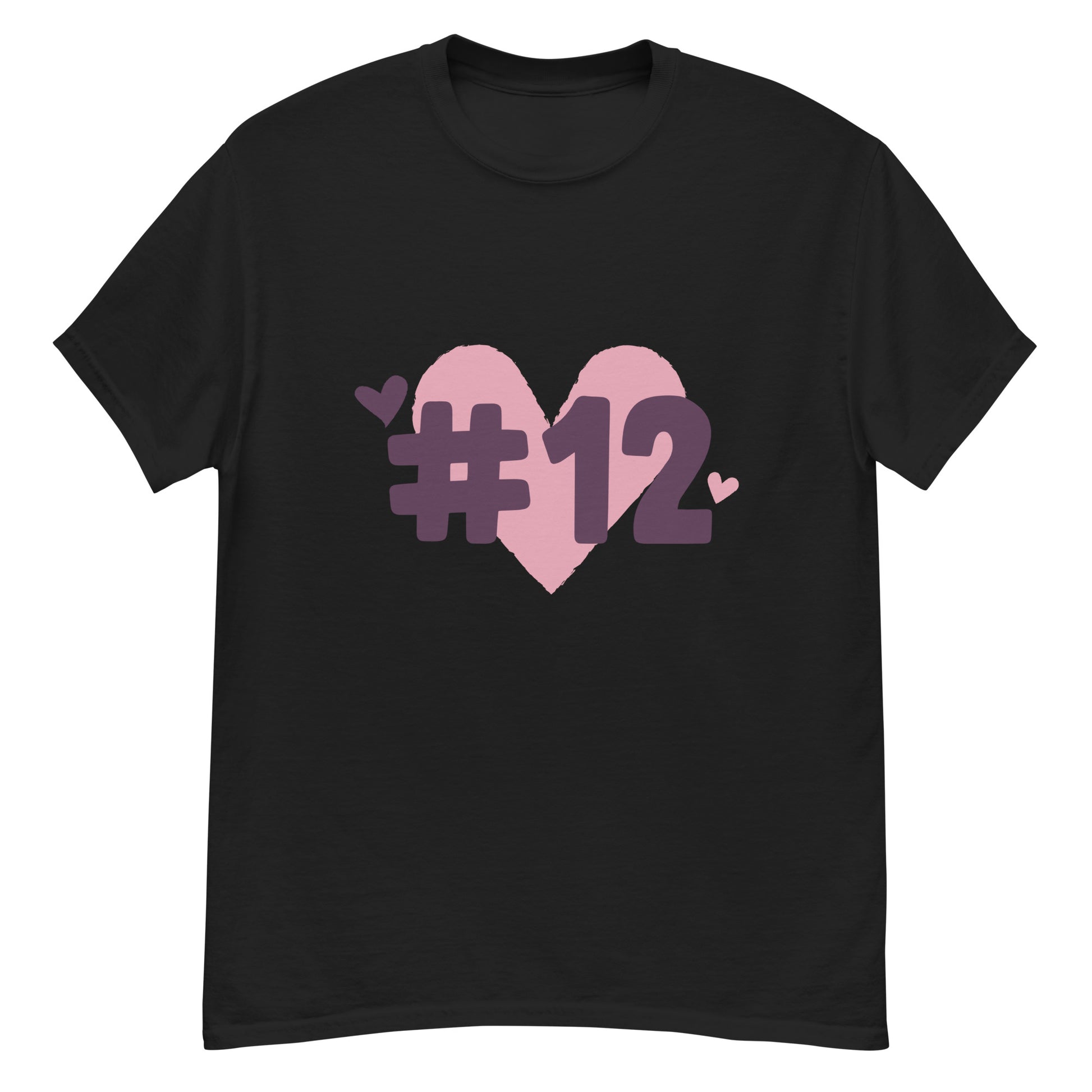 a black t-shirt with the I Heart #12 Logo. The Number 12 Logo is a large pink heart with #12 in black written over the heart.