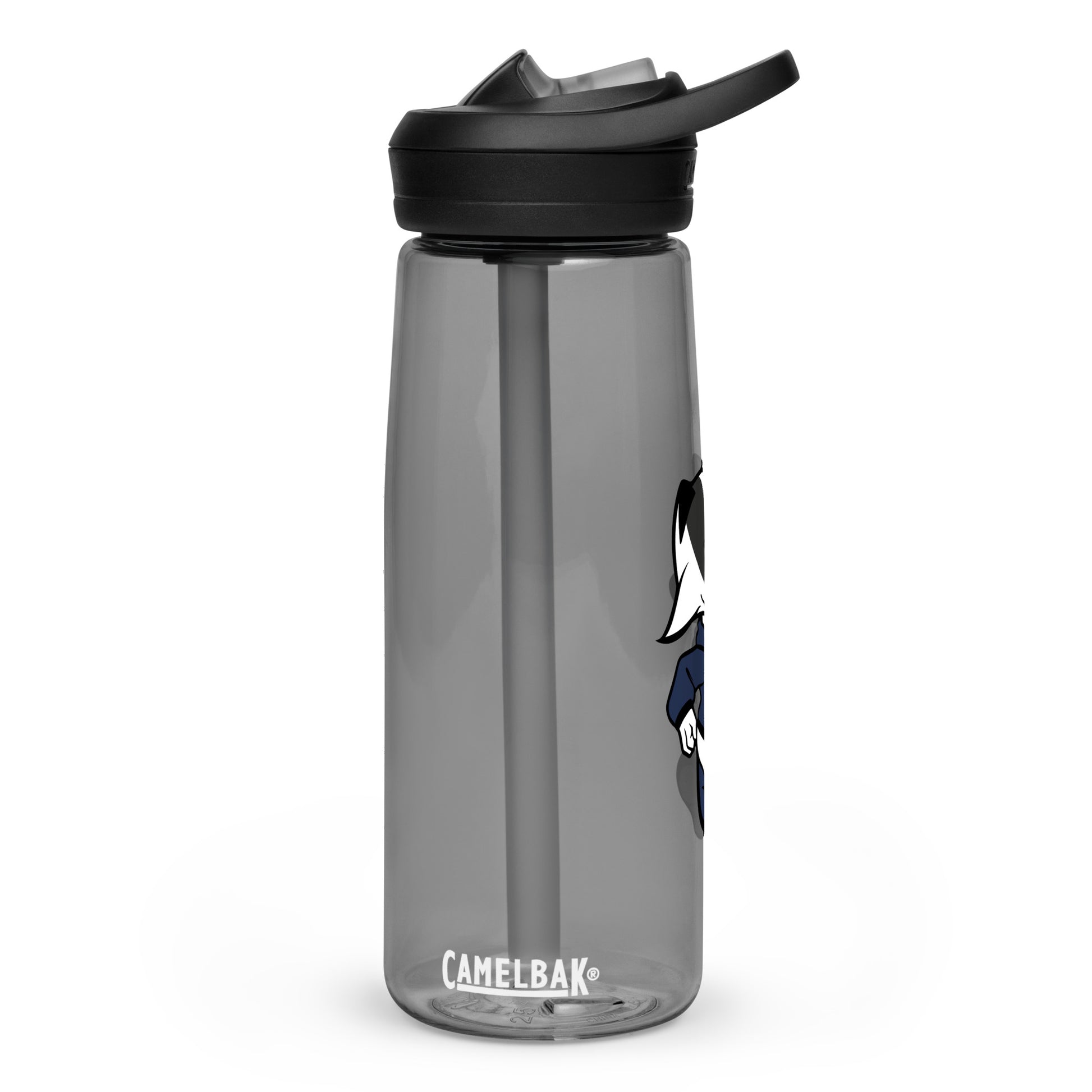 a charcoal water bottle with the Brentwood Badgers mascot logo