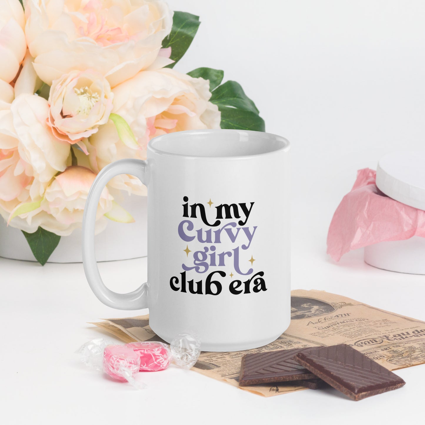 in my curvy girl club era written in black and grey lettering on a white coffee mug 