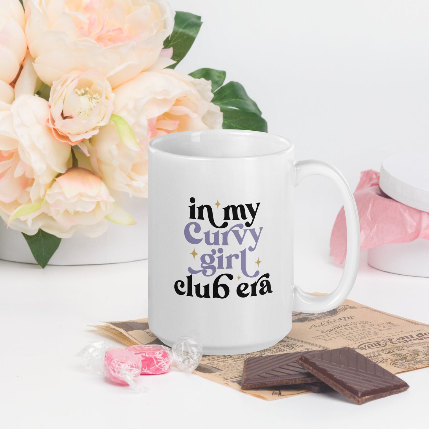 in my curvy girl club era written in black and grey lettering on a white coffee mug 