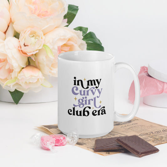 in my curvy girl club era written in black and grey lettering on a white coffee mug 