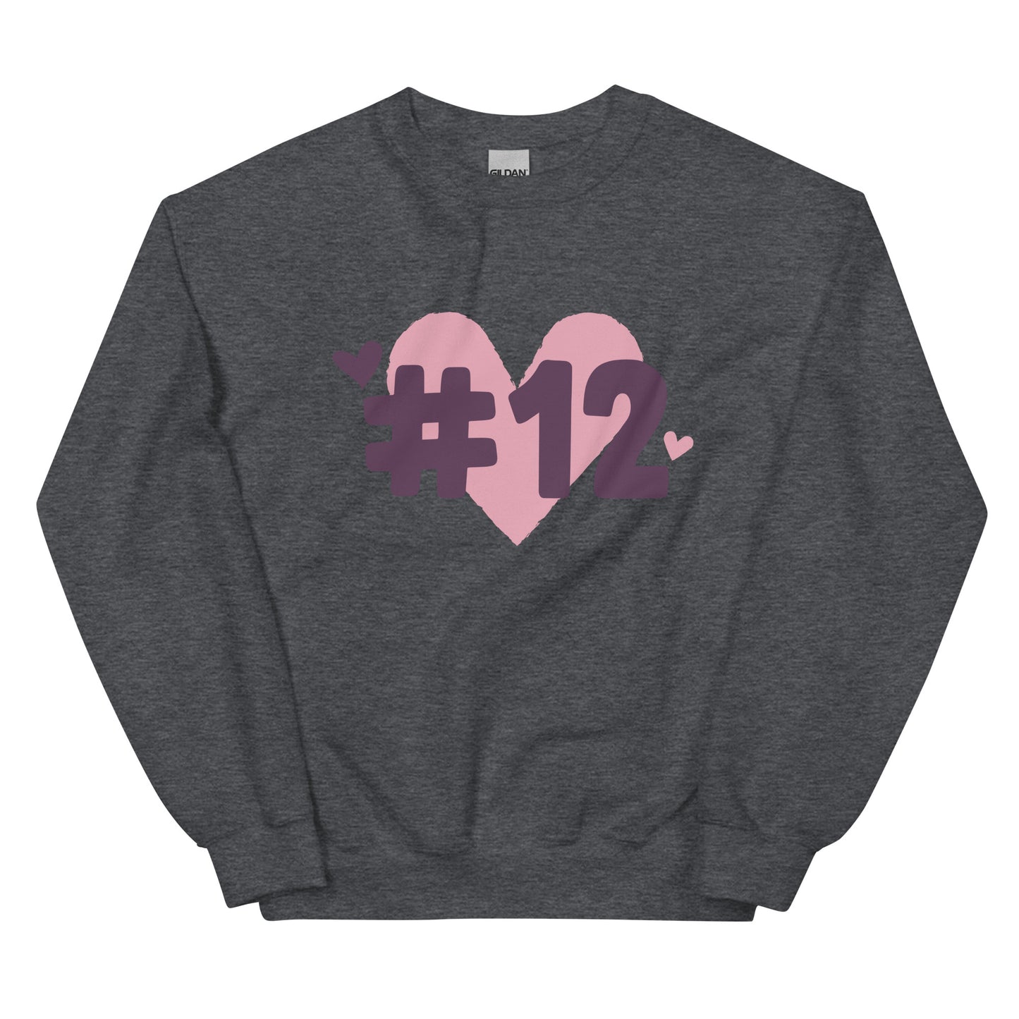 a dark heather crewneck sweatshirt with the I Heart #12 Logo. The Number 12 Logo is a large pink heart with #12 in black written over the heart.