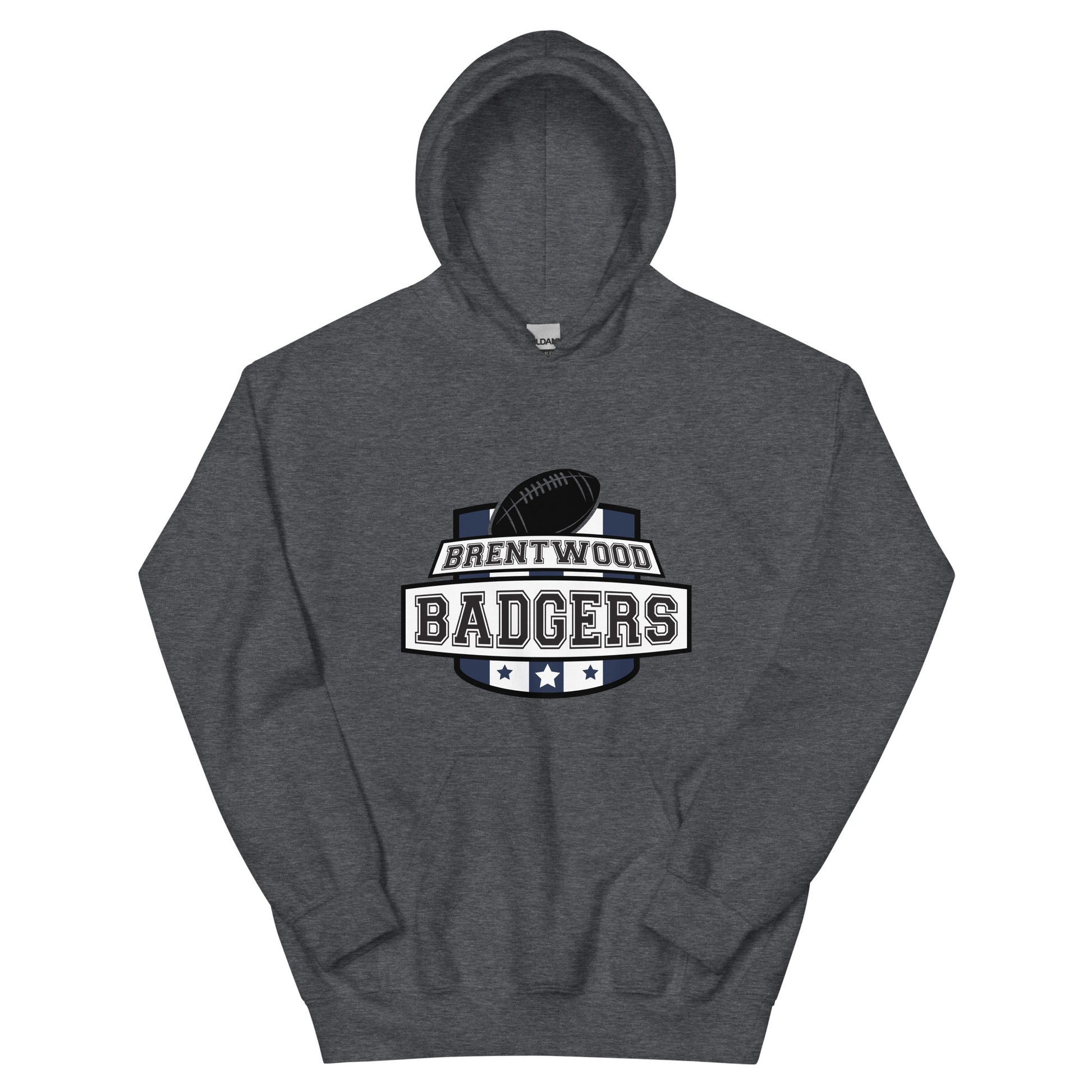 a dark heather hoodie with the Brentwood Badgers Logo is a school crest prominently featuring a football and the words Brentwood Badgers in large block text.