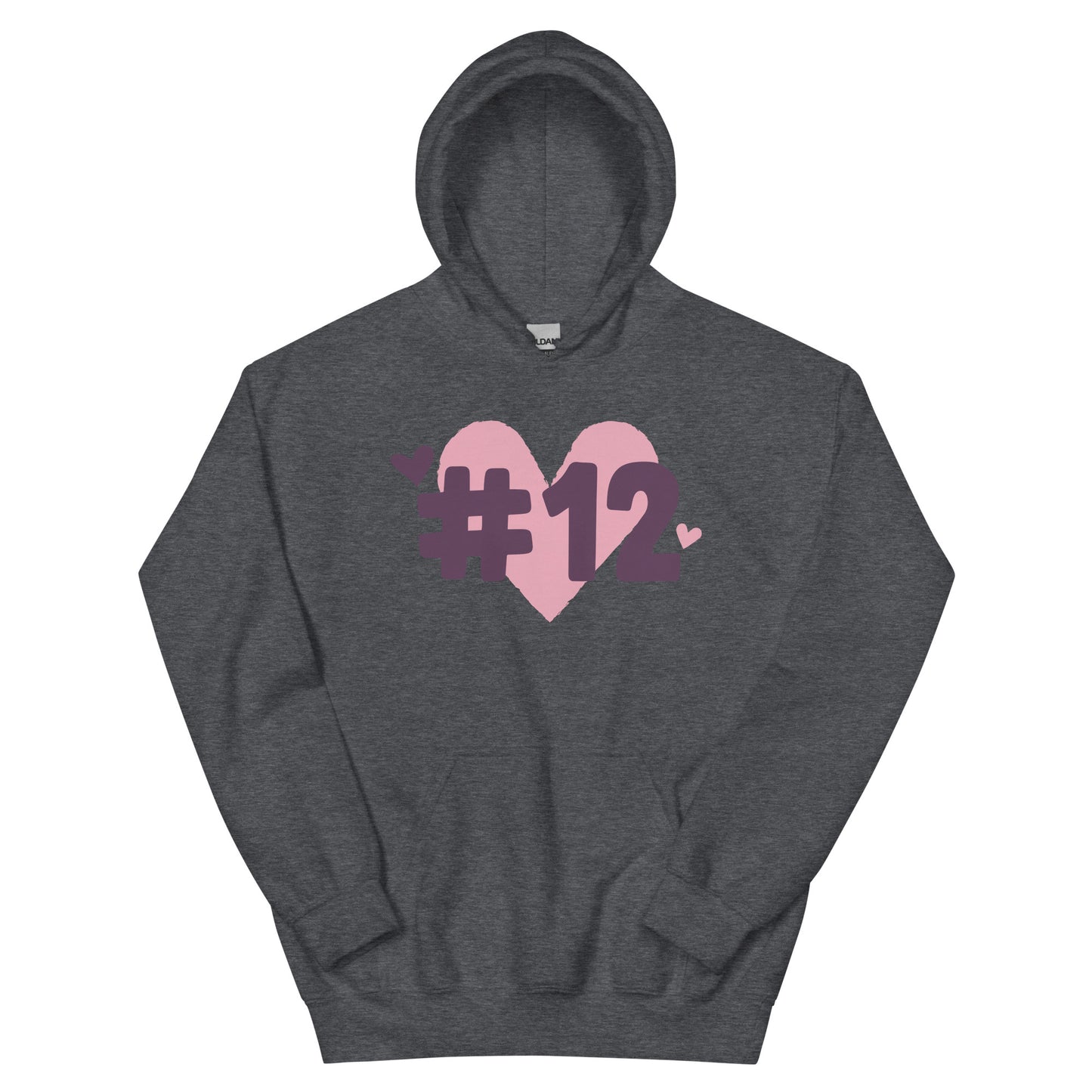 a dark heather hoodie with the I Heart #12 Logo. The Number 12 Logo is a large pink heart with #12 in black written over the heart.