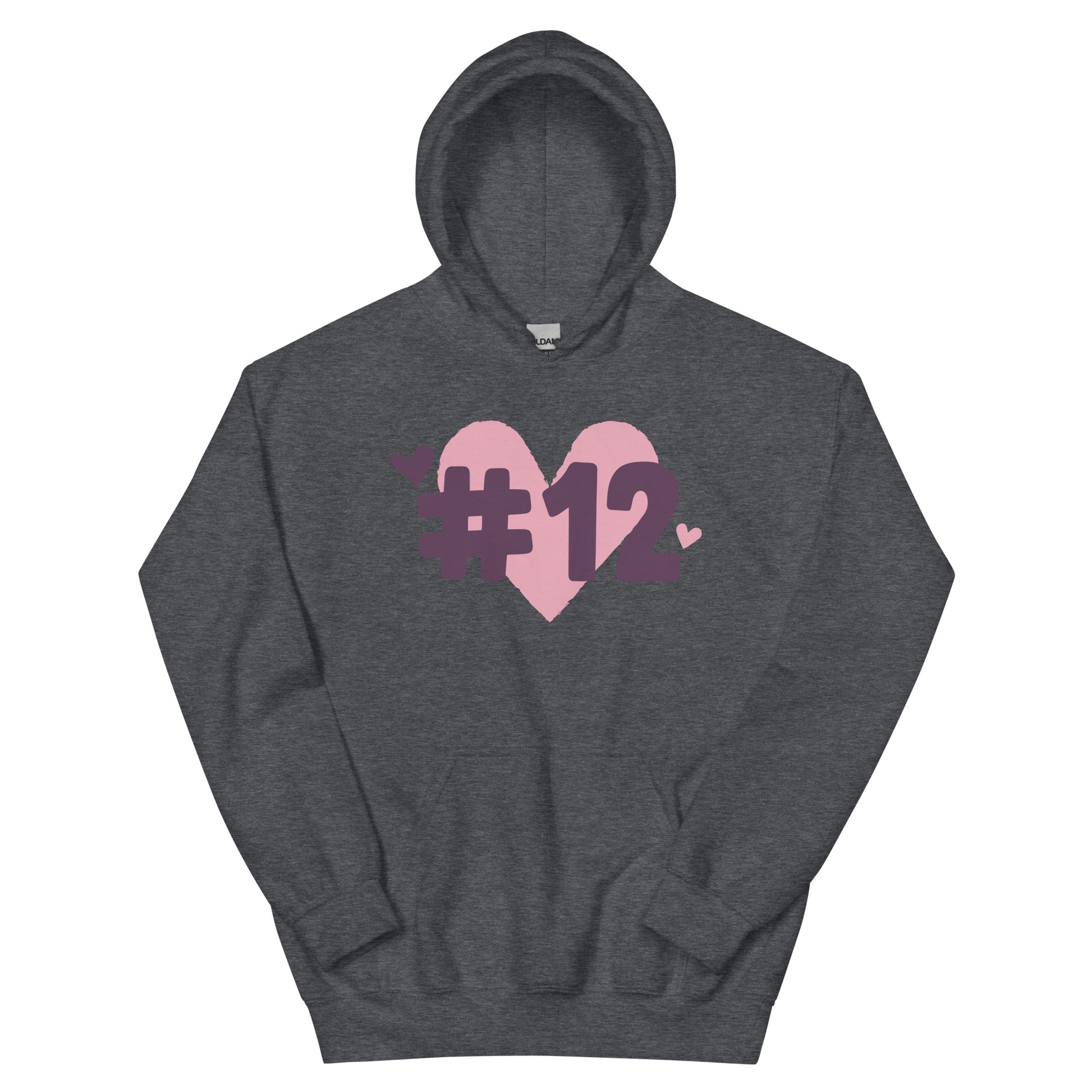 a dark heather hoodie with the I Heart #12 Logo. The Number 12 Logo is a large pink heart with #12 in black written over the heart.
