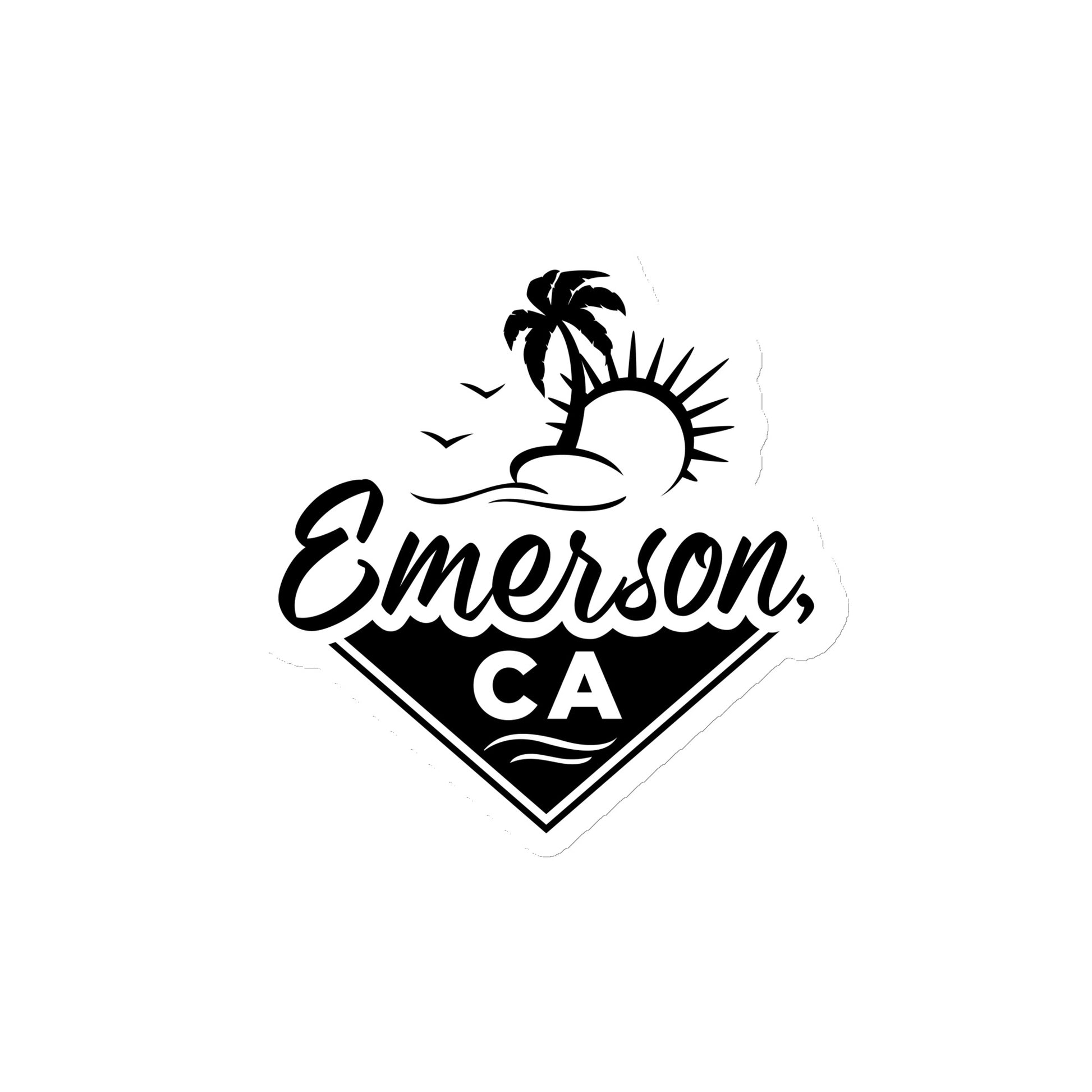 A white and black magnet with the Emerson California logo, showing a palm tree, the sun and a beach 