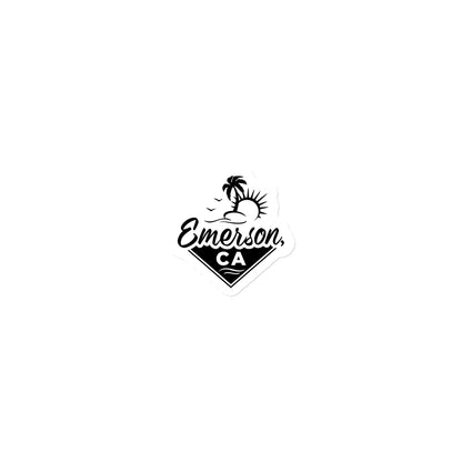 Emerson, California logo featuring a sun, beach and palm tree on a magnet