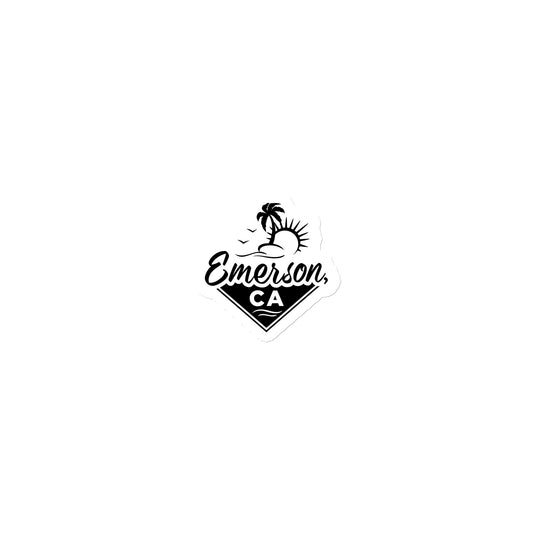 Emerson, California logo featuring a sun, beach and palm tree on a magnet