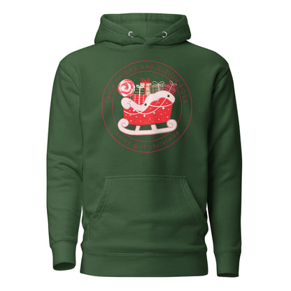 a forest green hoodie with the Curvy Girl Christmas Sleigh Logo. The logo is a red fluffy sleigh filled with presents, with red lettering circling around that reads Thick Thighs and Sleigh Rides, as well as curvy Girl Christmas