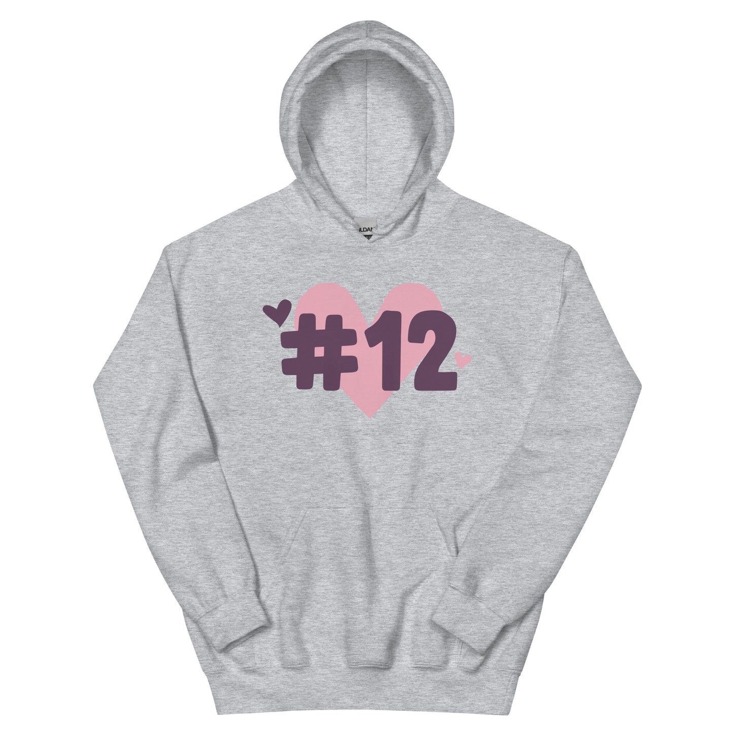 a grey hoodie with the I Heart #12 Logo. The Number 12 Logo is a large pink heart with #12 in black written over the heart.