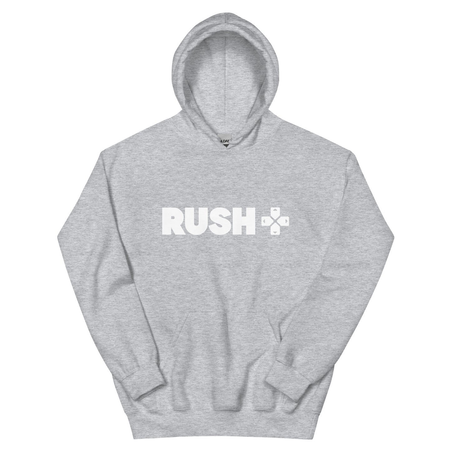 a grey hoodie with the Rush Logo. The Rush Logo says Rushin large letters with directional arrows next to it. 