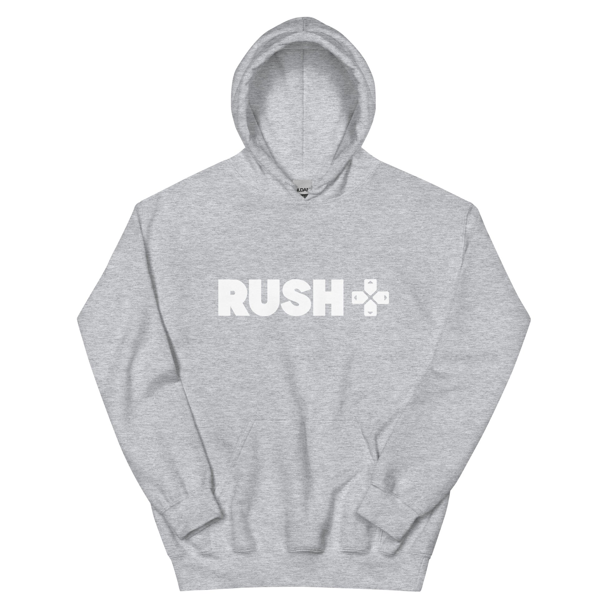 a grey hoodie with the Rush Logo. The Rush Logo says Rushin large letters with directional arrows next to it. 