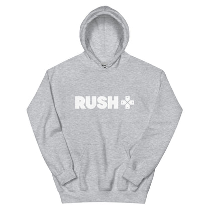 a grey hoodie with the Rush Logo. The Rush Logo says Rushin large letters with directional arrows next to it. 