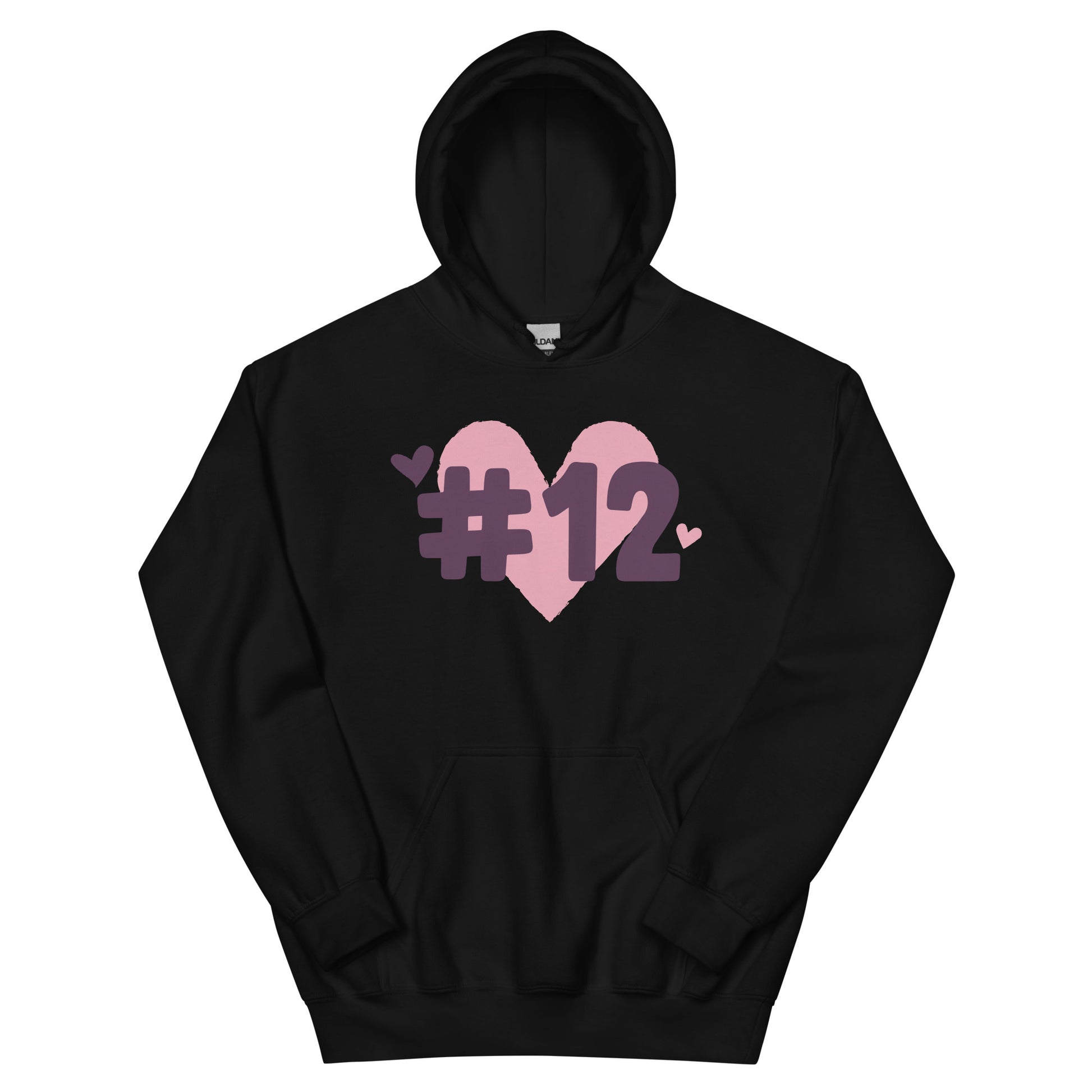 a black hoodie with the I Heart #12 Logo. The Number 12 Logo is a large pink heart with #12 in black written over the heart.