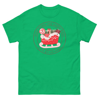 An irish green t-shirt with the Curvy Girl Christmas Sleigh Logo. The logo is a red fluffy sleigh filled with presents, with red lettering circling around that reads Thick Thighs and Sleigh Rides, as well as curvy Girl Christmas