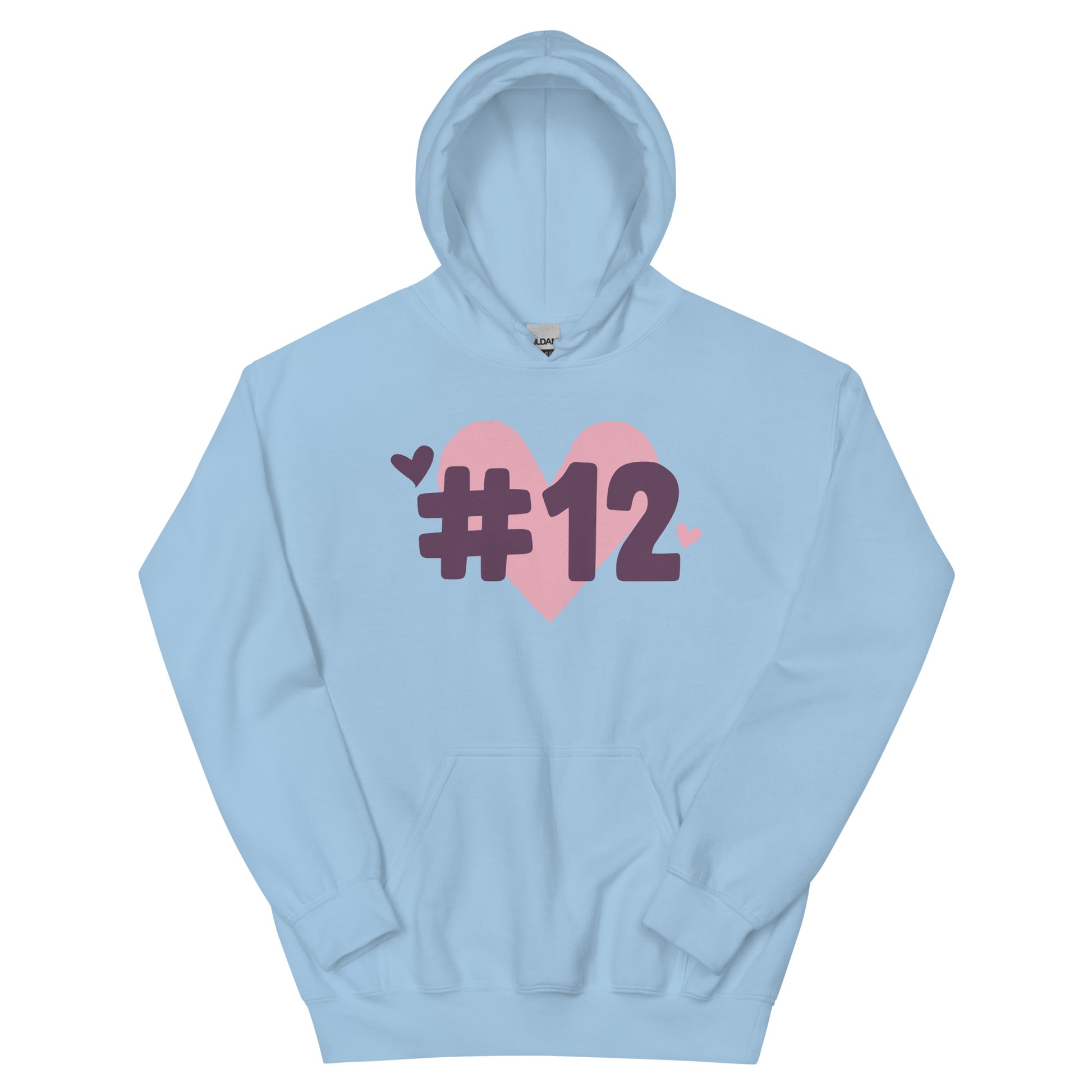 a light blue hoodie with the I Heart #12 Logo. The Number 12 Logo is a large pink heart with #12 in black written over the heart.