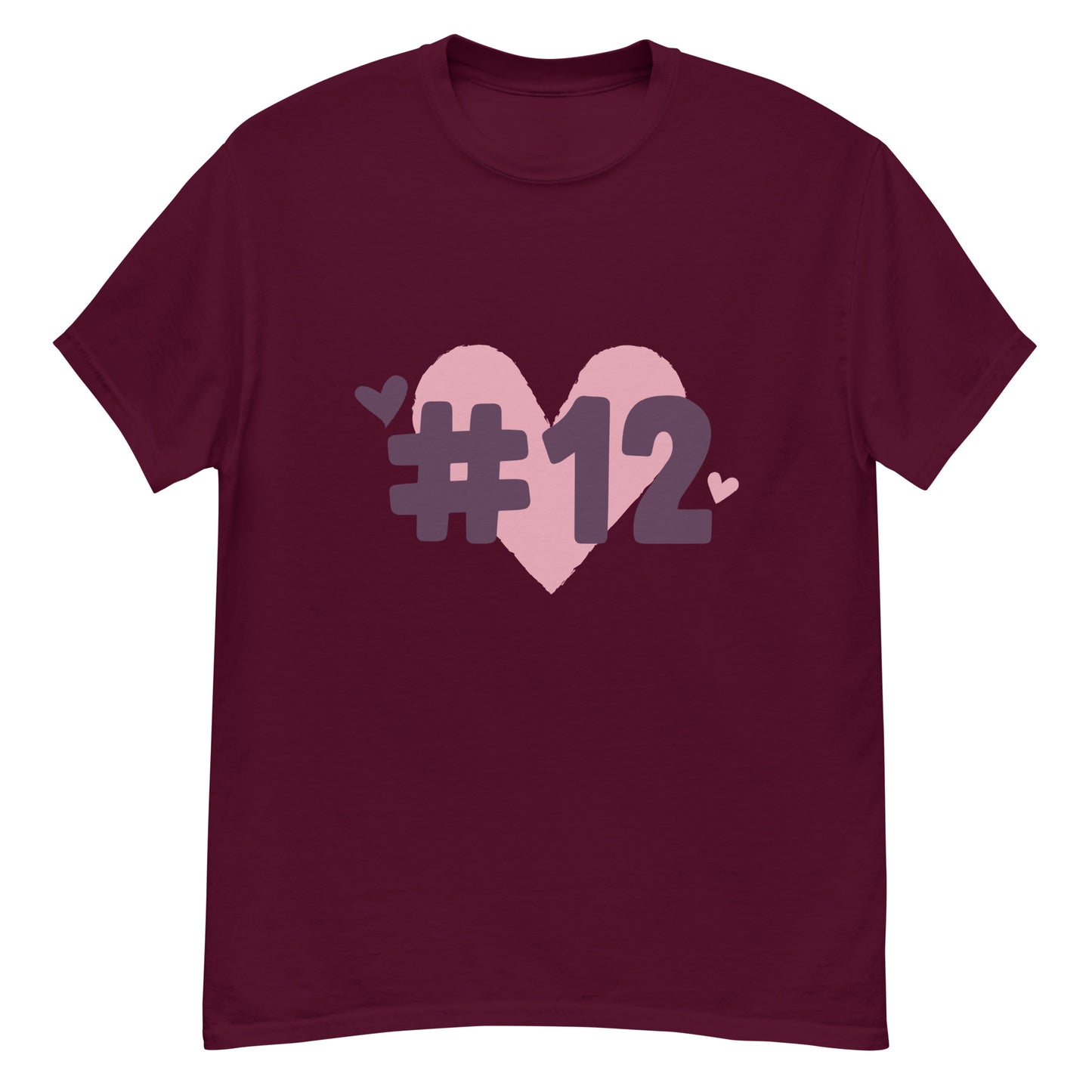 a maroon t-shirt with the I Heart #12 Logo. The Number 12 Logo is a large pink heart with #12 in black written over the heart.