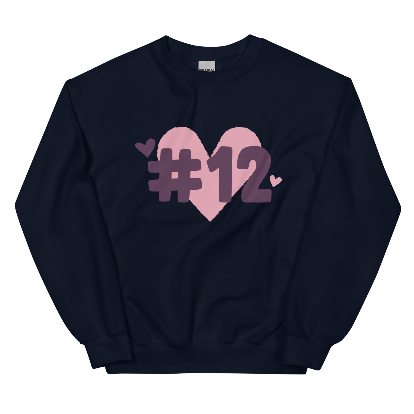 a navy crewneck sweatshirt with the I Heart #12 Logo. The Number 12 Logo is a large pink heart with #12 in black written over the heart.