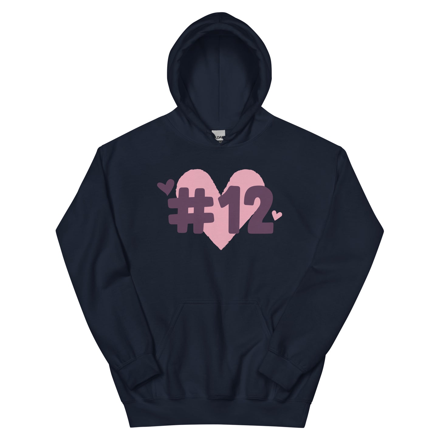 a navy hoodie with the I Heart #12 Logo. The Number 12 Logo is a large pink heart with #12 in black written over the heart.