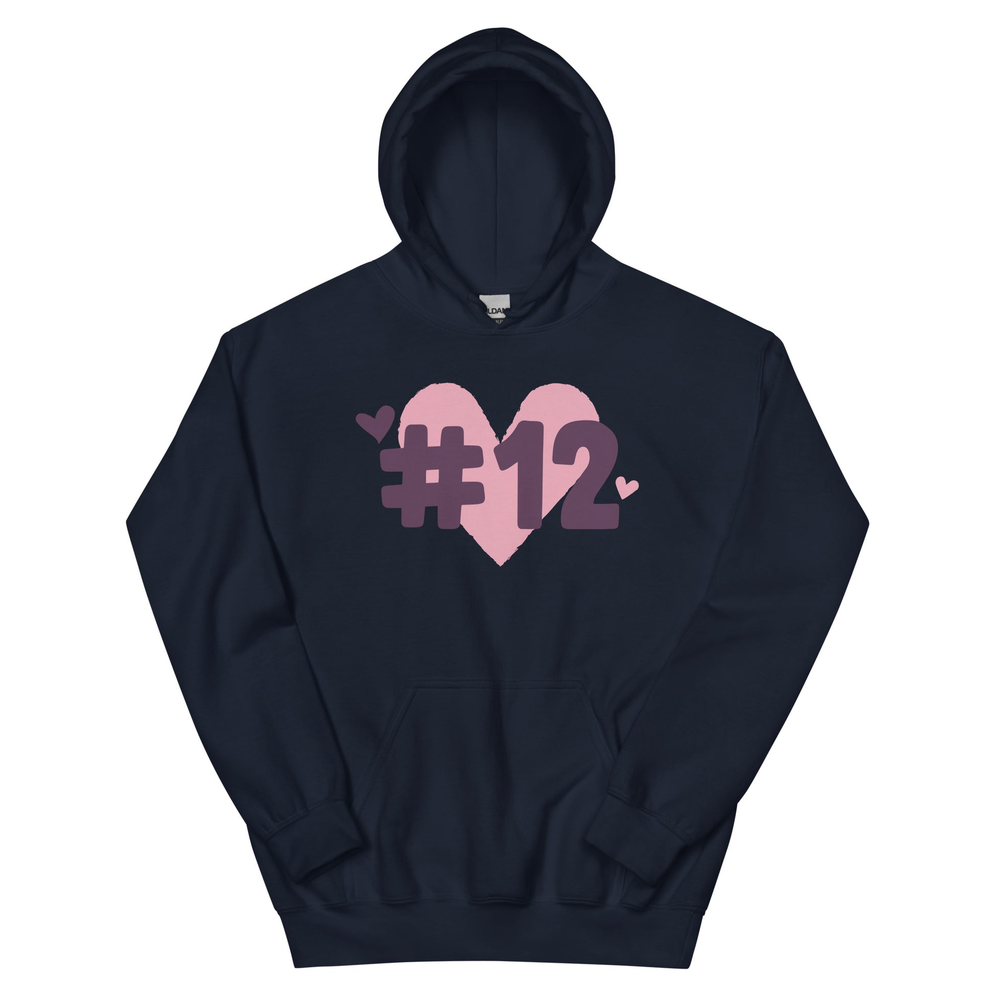 a navy hoodie with the I Heart #12 Logo. The Number 12 Logo is a large pink heart with #12 in black written over the heart.