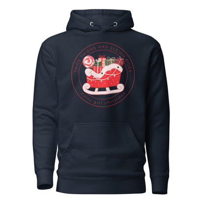 A navy hoodie with the Curvy Girl Christmas Sleigh Logo. The logo is a red fluffy sleigh filled with presents, with red lettering circling around that reads Thick Thighs and Sleigh Rides, as well as curvy Girl Christmas