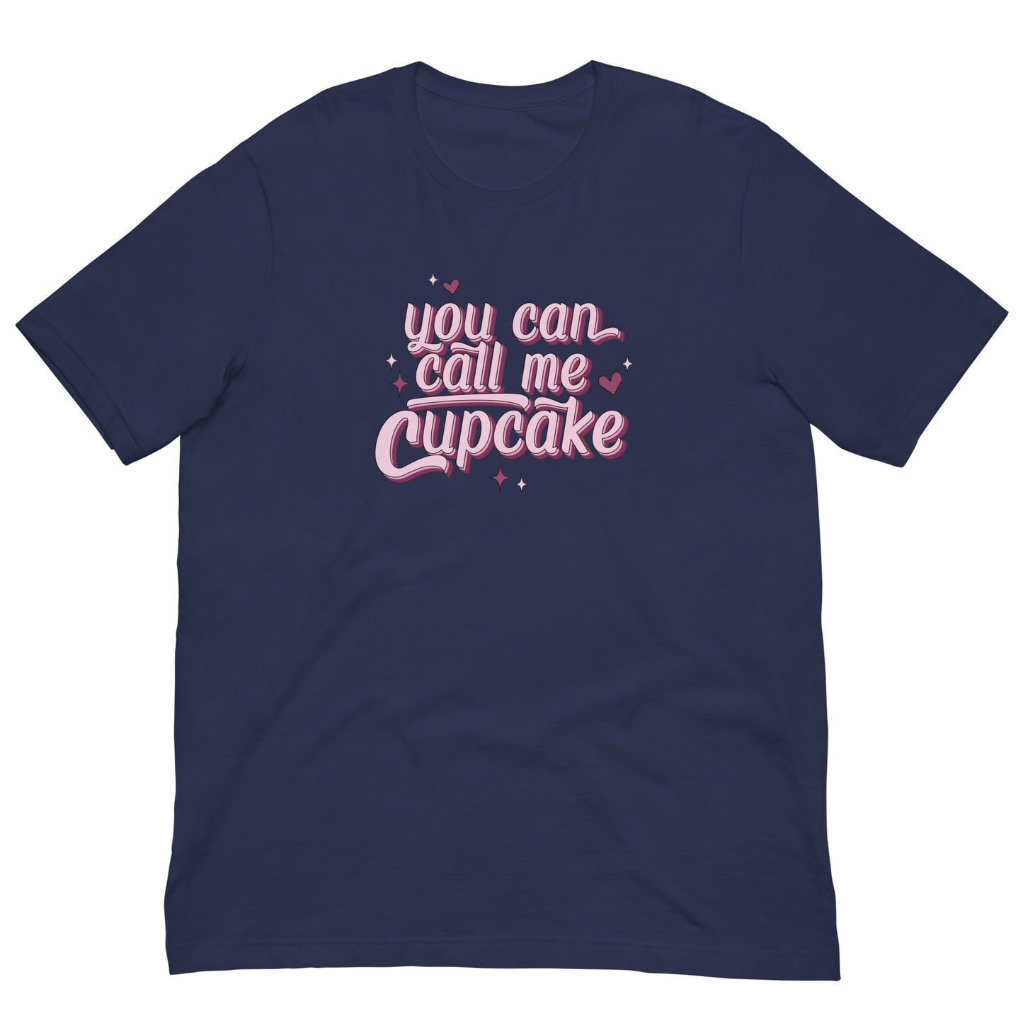 a navy t-shirt with large pink lettering that reads "You can Call Me Cupcake" with hearts decorating the words