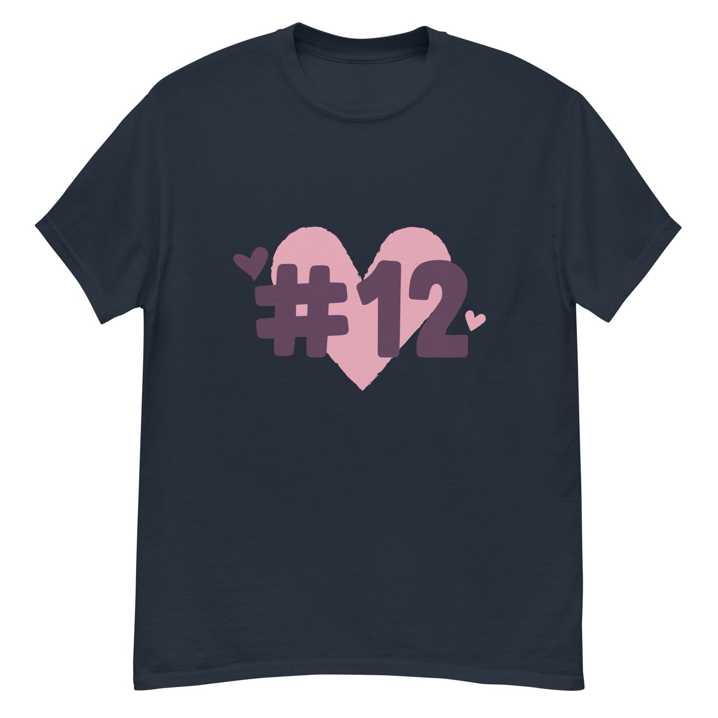 a navy t-shirt with the I Heart #12 Logo. The Number 12 Logo is a large pink heart with #12 in black written over the heart.