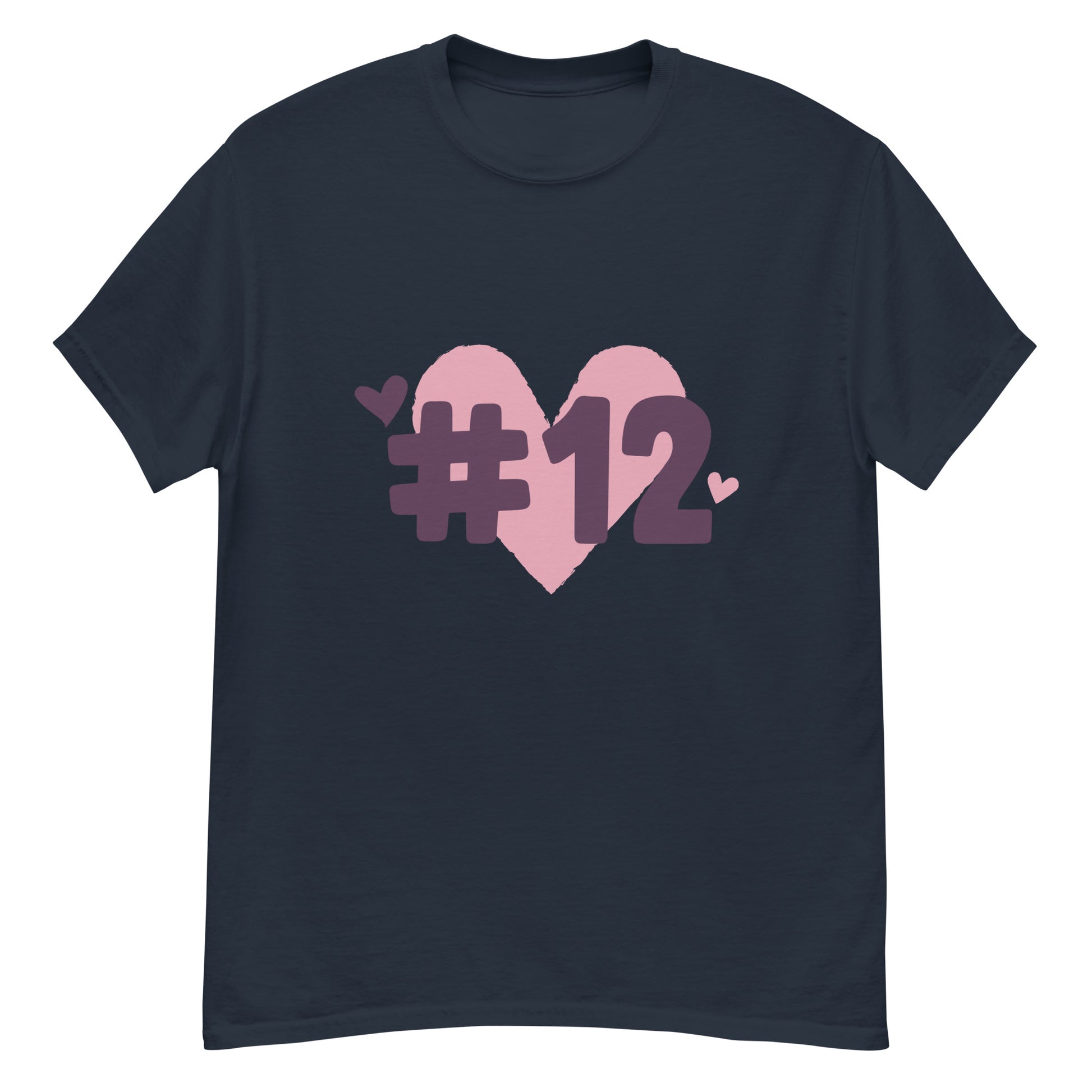 a navy t-shirt with the I Heart #12 Logo. The Number 12 Logo is a large pink heart with #12 in black written over the heart.